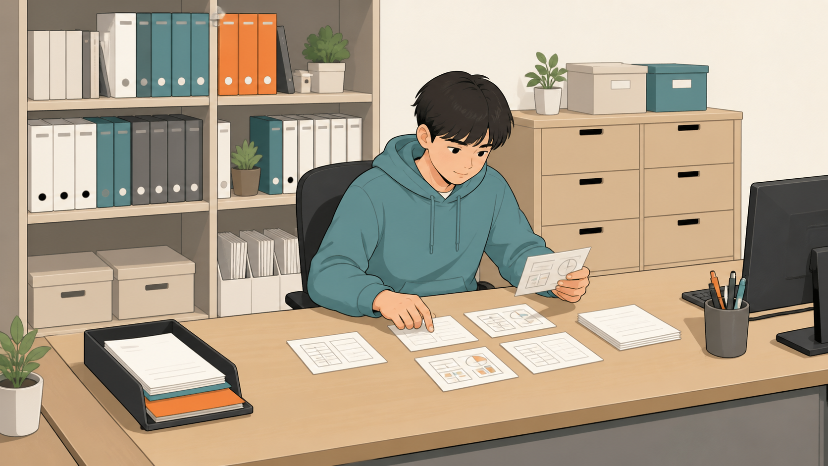 학생이 책상 위의 자료로 일하고 뒤의 책장과 서랍에 자료를 보관하는 장면으로 CPU, RAM, SSD·HDD의 역할을 비유한 그림