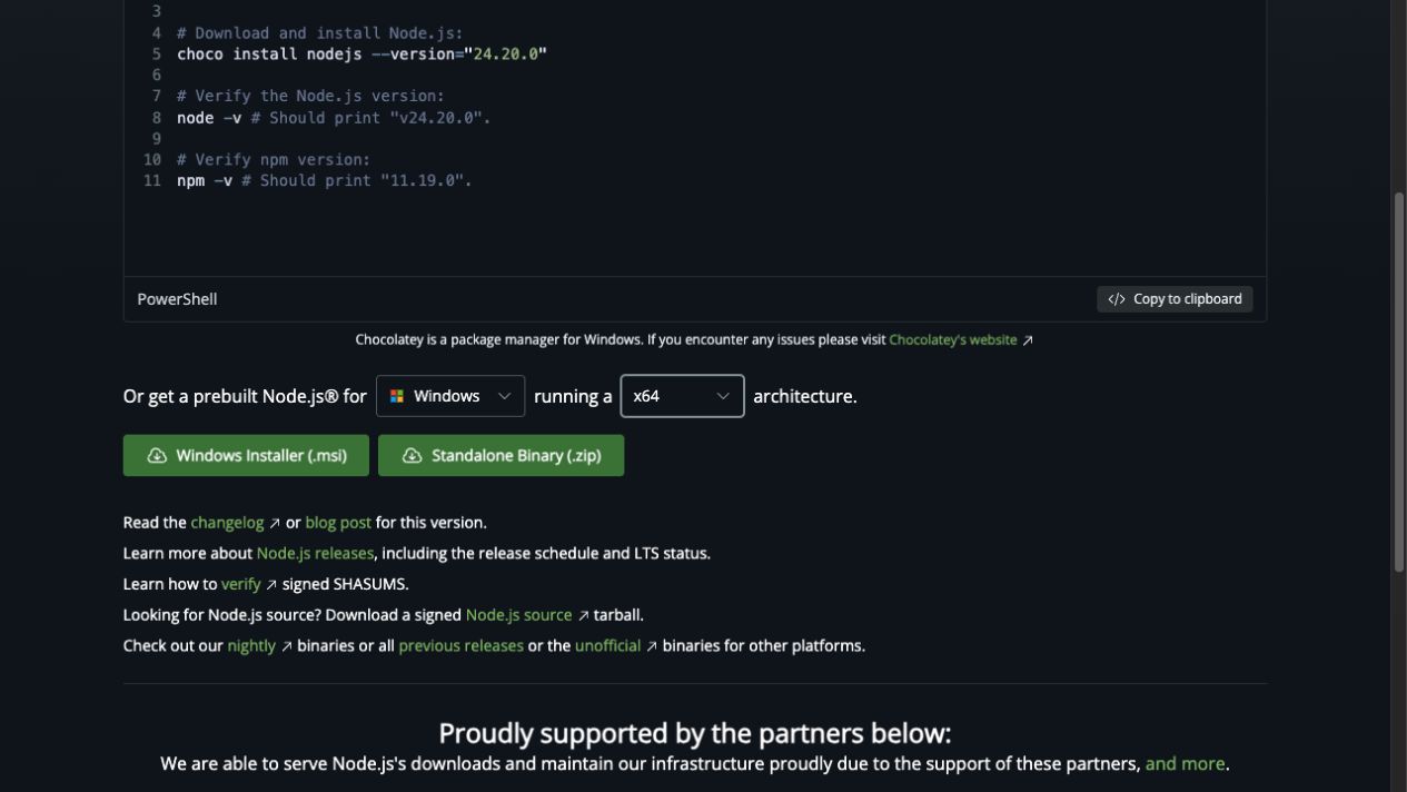 Node.js 공식 다운로드 페이지에서 Windows x64 설치 프로그램을 선택한 화면