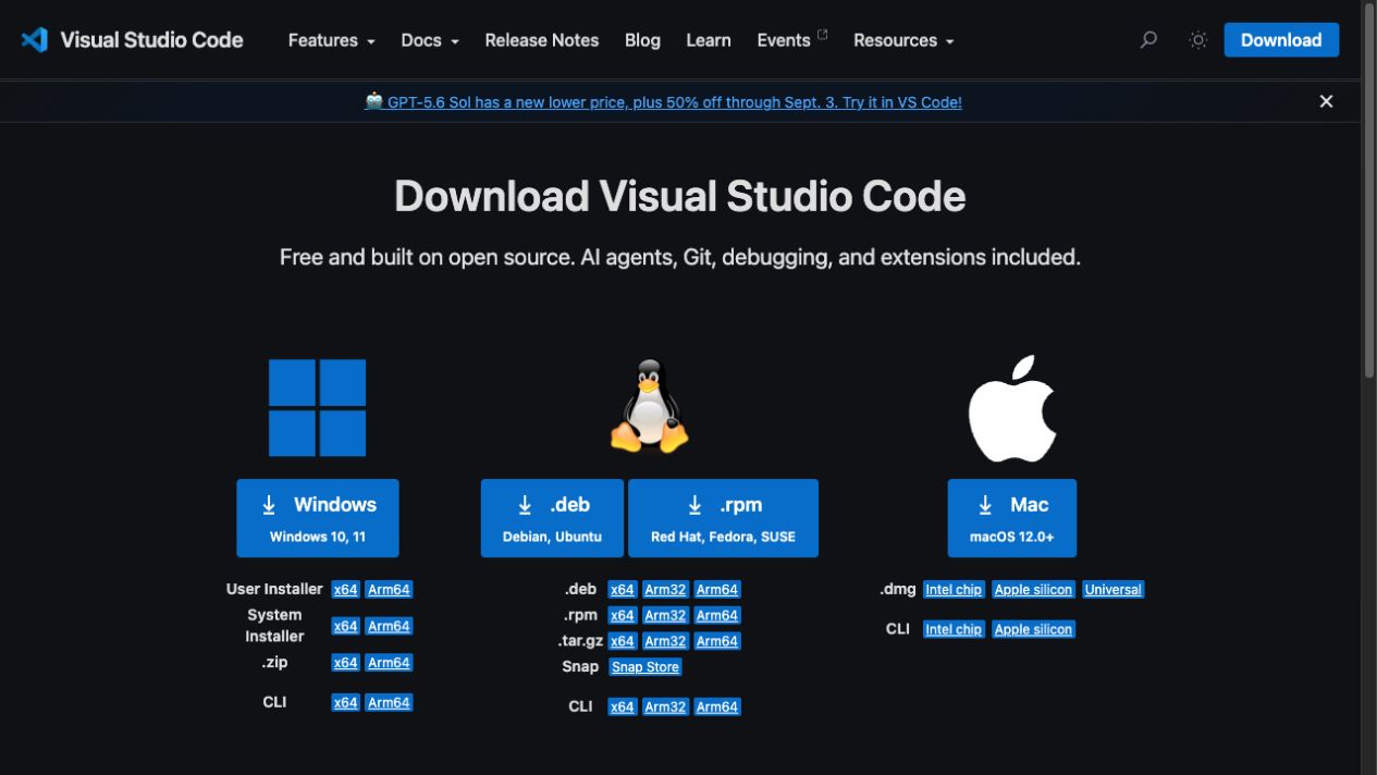 Visual Studio Code 공식 다운로드 페이지의 Windows 버튼