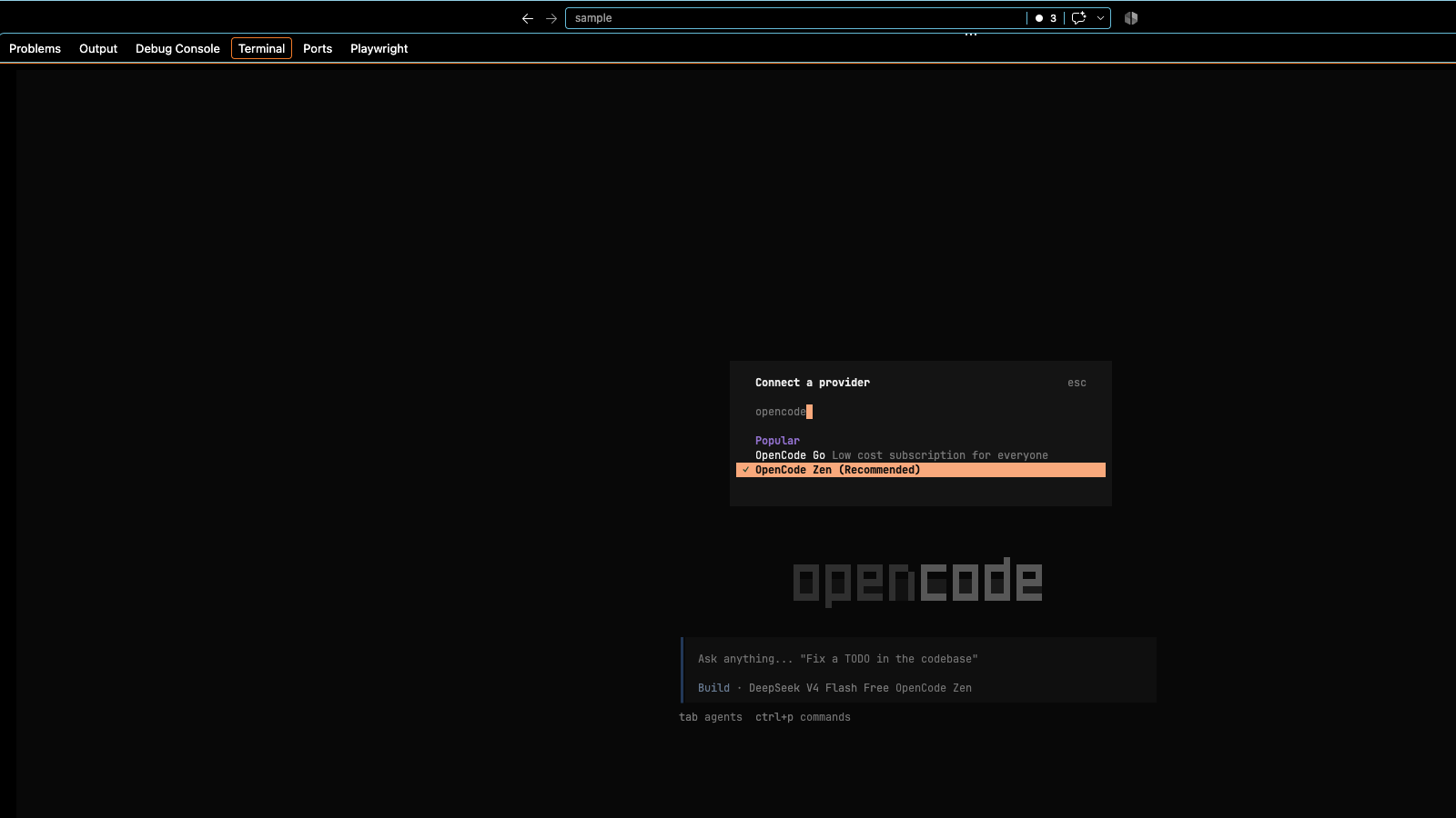 VS Code 터미널의 OpenCode에서 connect 명령을 입력하고 수업용 제공자를 선택하는 실제 화면