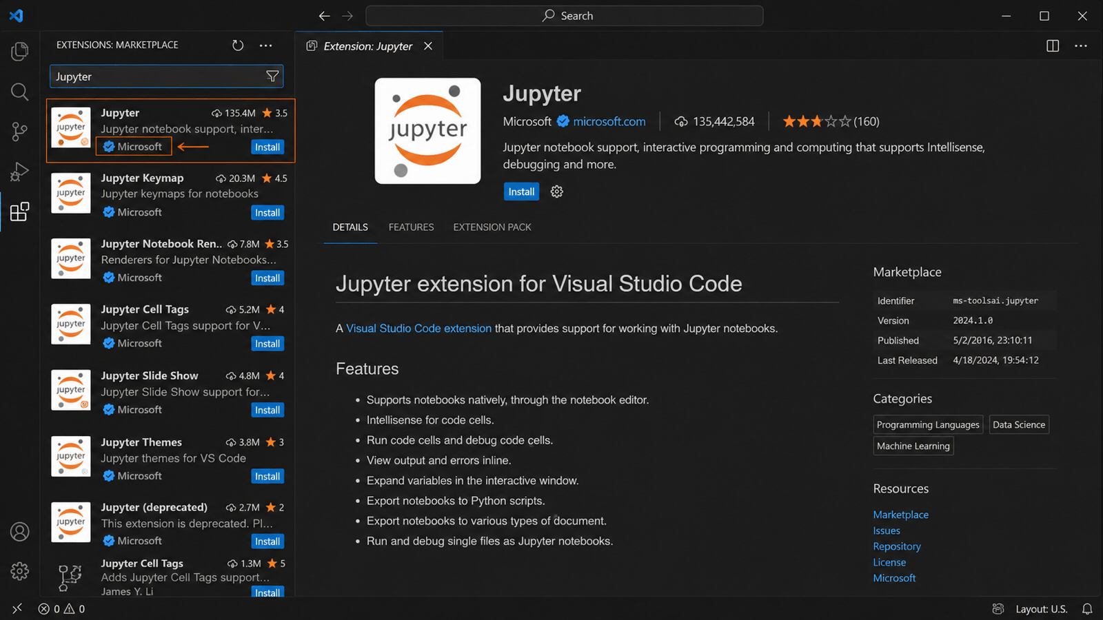 VS Code 확장 화면에서 Jupyter를 검색한 결과. 게시자 Microsoft 부분이 표시되어 있다.