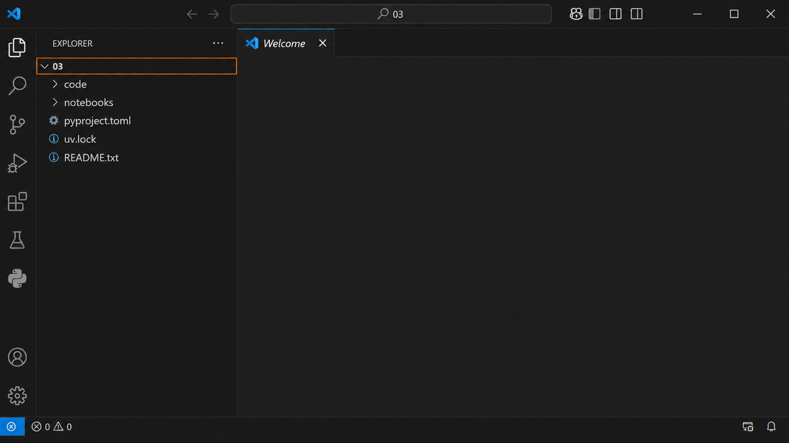 VS Code 왼쪽 탐색기 맨 위에 03 폴더가 있고 그 아래 code, notebooks, pyproject.toml, uv.lock이 보이는 화면