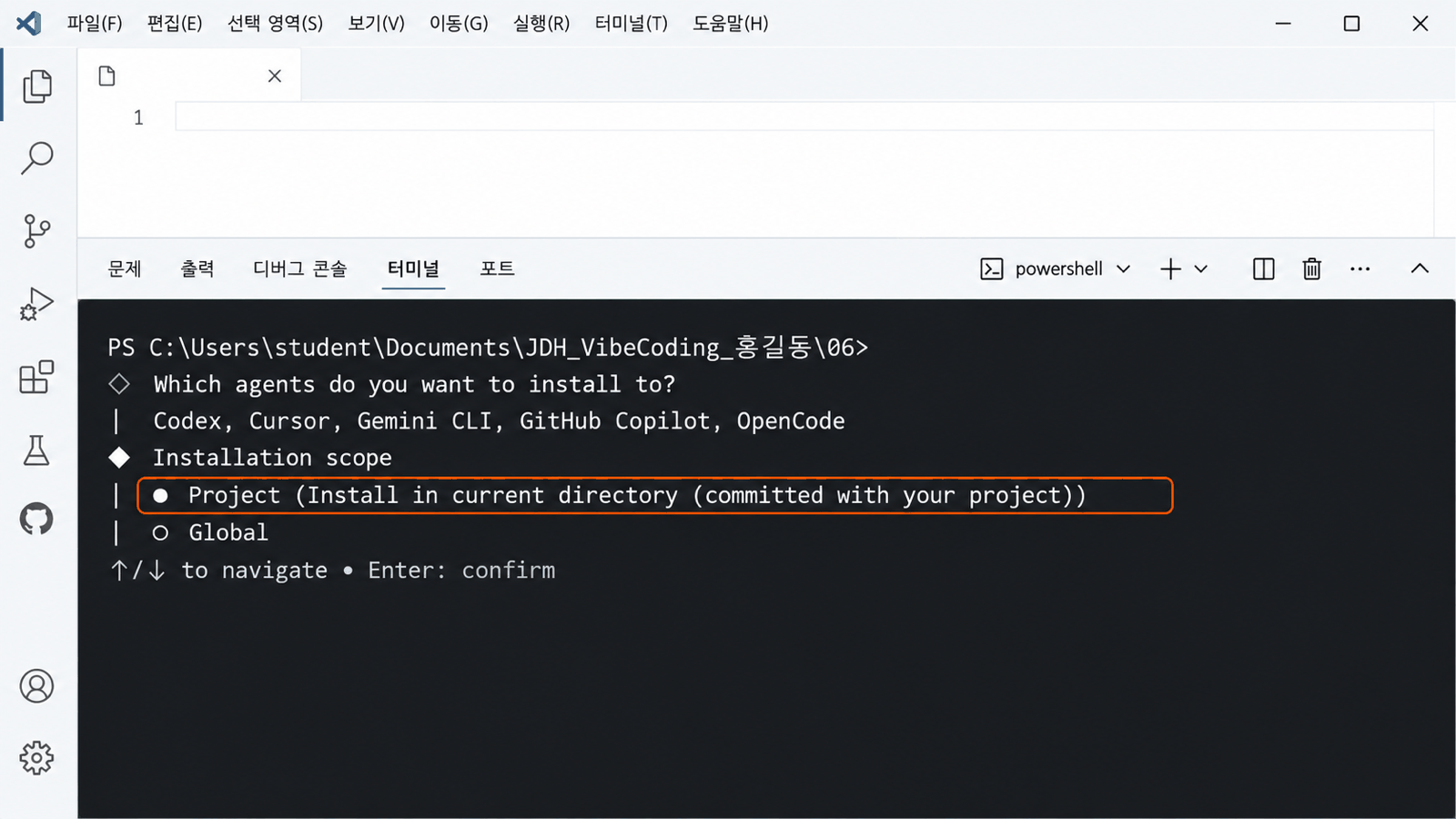 터미널에 Installation scope 질문이 보이고, Project가 선택되어 있으며 그 아래에 Global이 있다.
